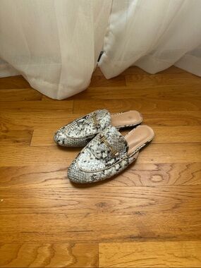 Snake-Print Backless Loafers in Black & White